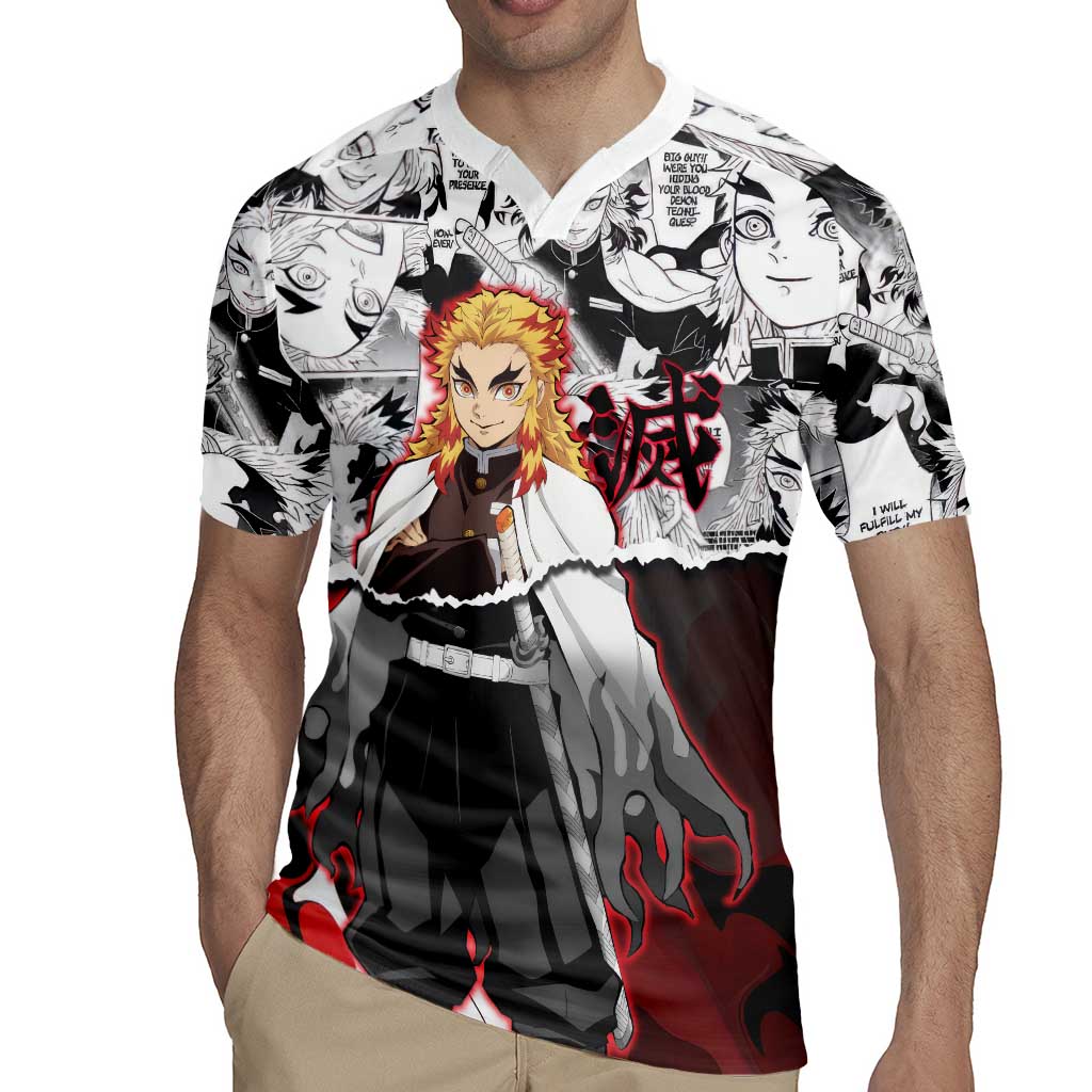 Kyojuro Rengoku Demon Slayer Flame Hashira Design Rugby Jersey with Manga Panels and Fiery Sword Artwork - The Mazicc