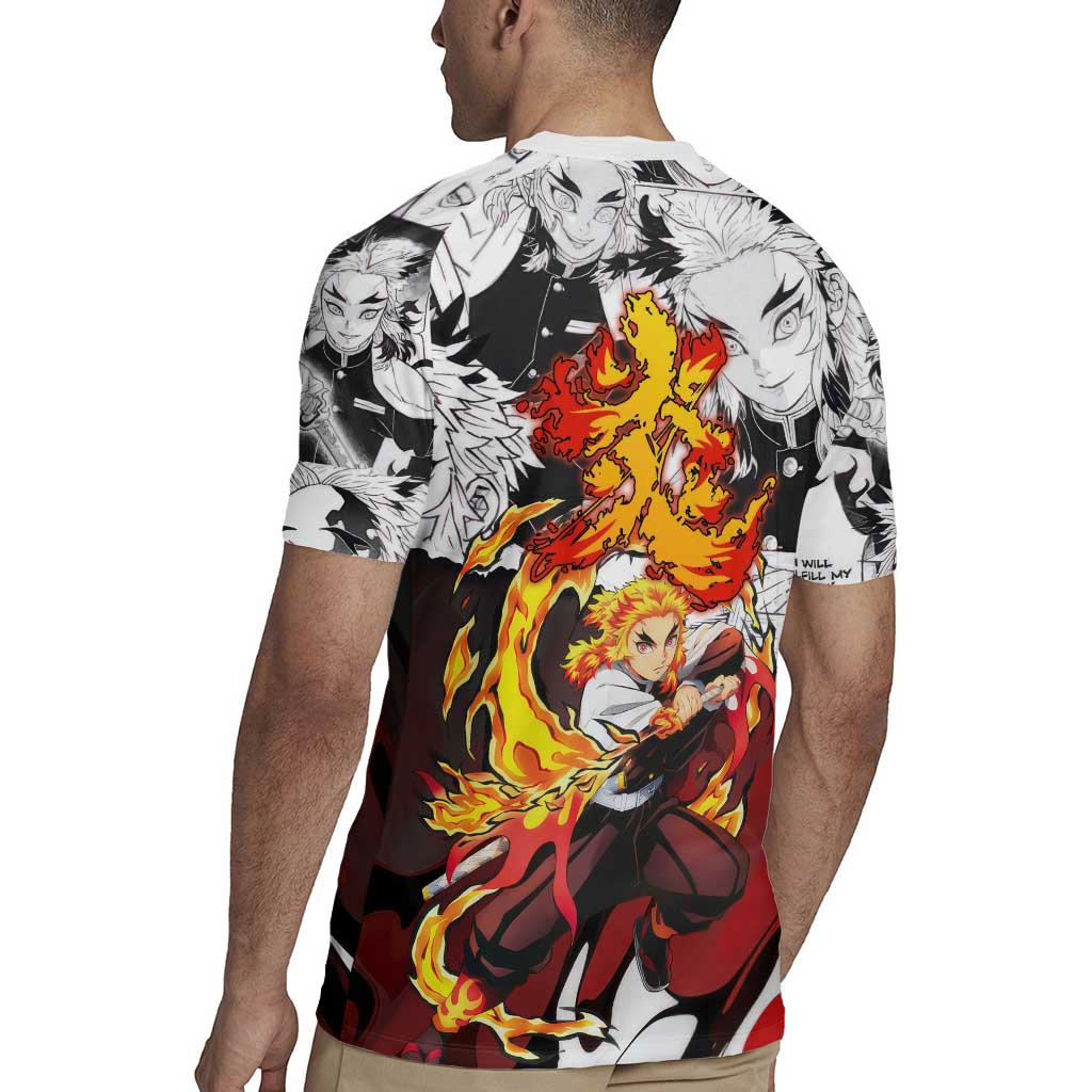 Kyojuro Rengoku Demon Slayer Flame Hashira Design Rugby Jersey with Manga Panels and Fiery Sword Artwork - The Mazicc