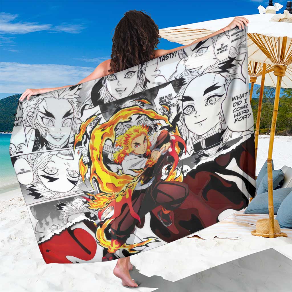 Kyojuro Rengoku Demon Slayer Flame Hashira Design Sarong with Manga Panels and Fiery Sword Artwork - The Mazicc