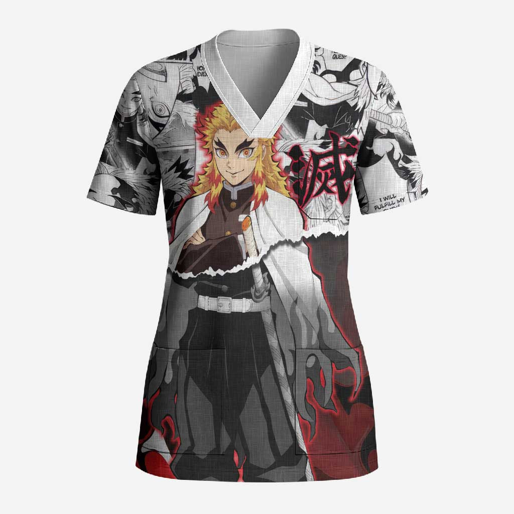 Kyojuro Rengoku Demon Slayer Flame Hashira Design Scrub Top with Manga Panels and Fiery Sword Artwork - The Mazicc