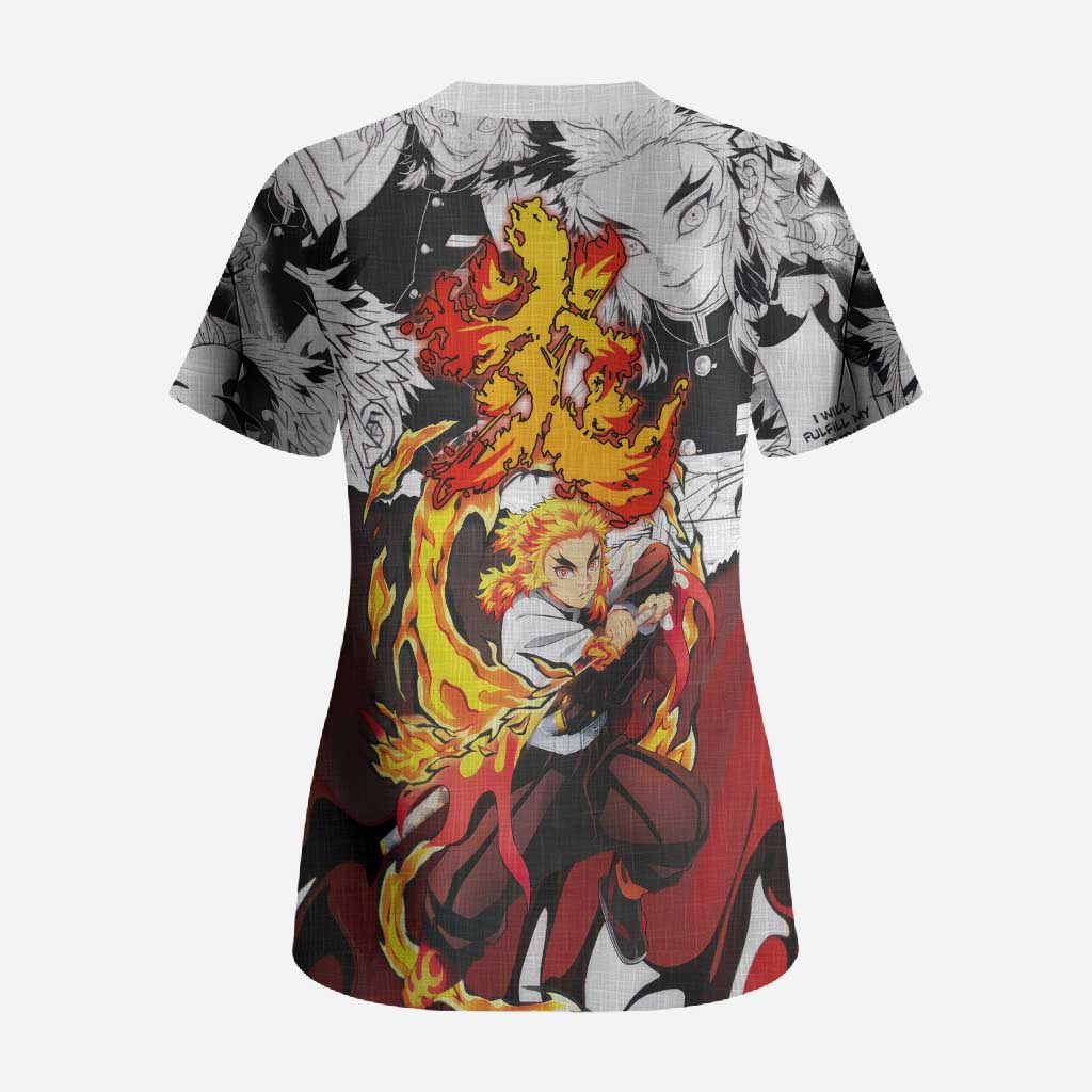 Kyojuro Rengoku Demon Slayer Flame Hashira Design Scrub Top with Manga Panels and Fiery Sword Artwork - The Mazicc