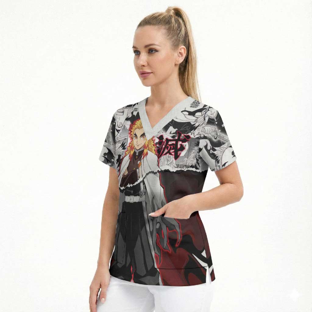 Kyojuro Rengoku Demon Slayer Flame Hashira Design Scrub Top with Manga Panels and Fiery Sword Artwork - The Mazicc