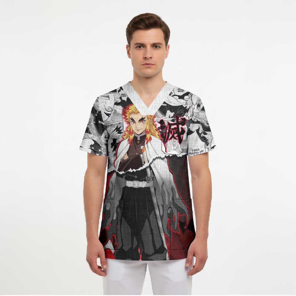 Kyojuro Rengoku Demon Slayer Flame Hashira Design Scrub Top with Manga Panels and Fiery Sword Artwork - The Mazicc
