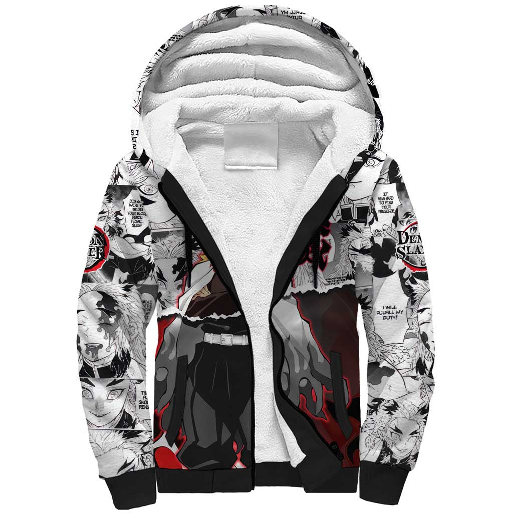 Kyojuro Rengoku Demon Slayer Flame Hashira Design Sherpa Hoodie with Manga Panels and Fiery Sword Artwork - The Mazicc