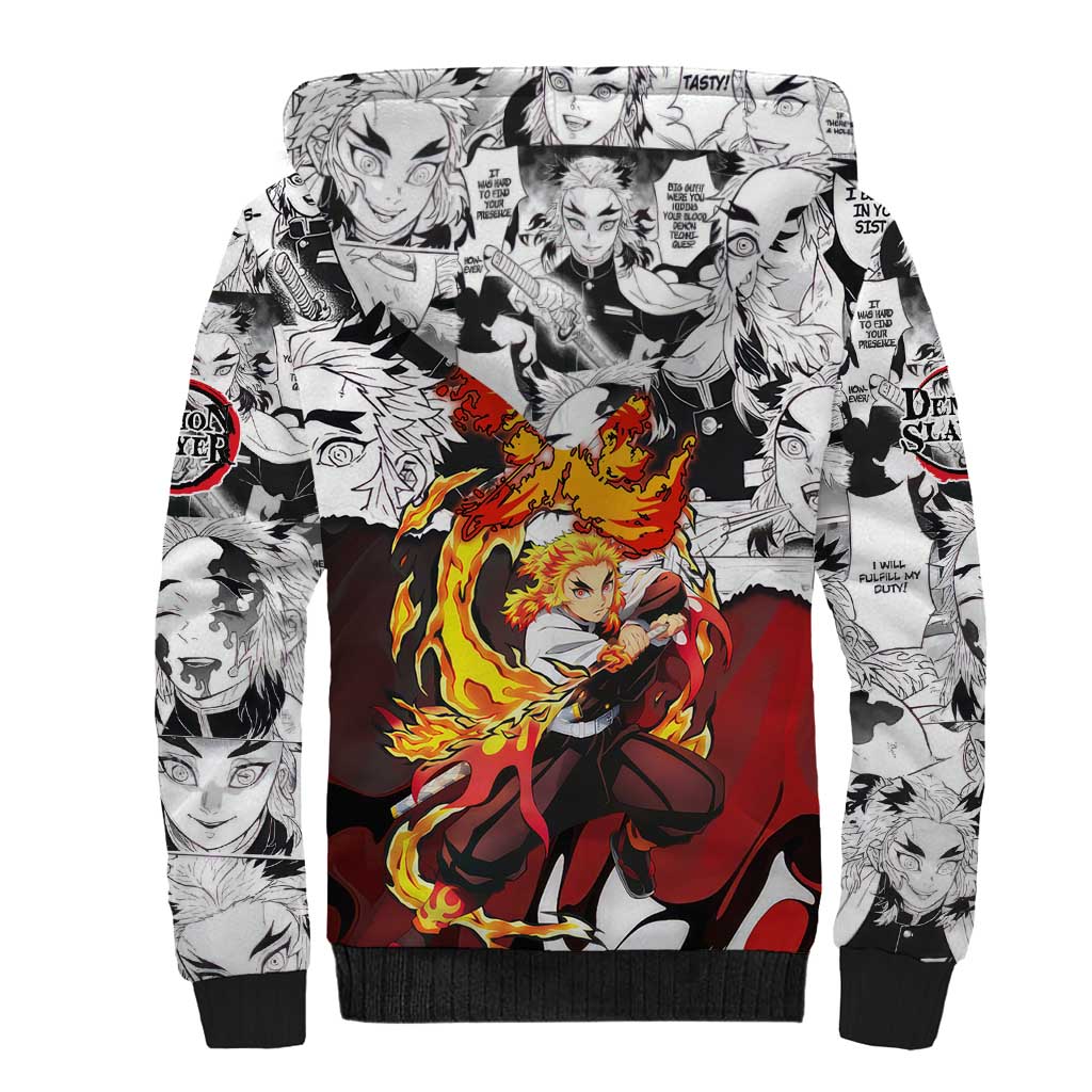 Kyojuro Rengoku Demon Slayer Flame Hashira Design Sherpa Hoodie with Manga Panels and Fiery Sword Artwork - The Mazicc