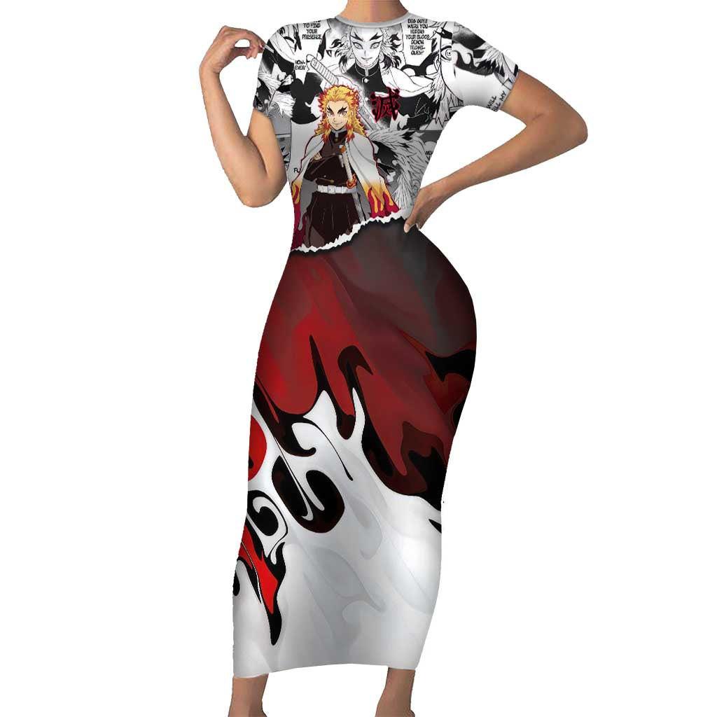 Kyojuro Rengoku Demon Slayer Flame Hashira Design Short Sleeve Bodycon Dress with Manga Panels and Fiery Sword Artwork - The Mazicc