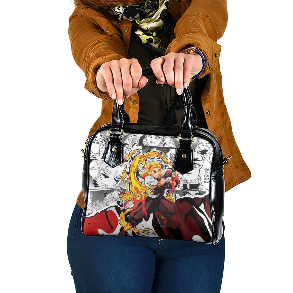 Kyojuro Rengoku Demon Slayer Flame Hashira Design Shoulder Handbag with Manga Panels and Fiery Sword Artwork - The Mazicc