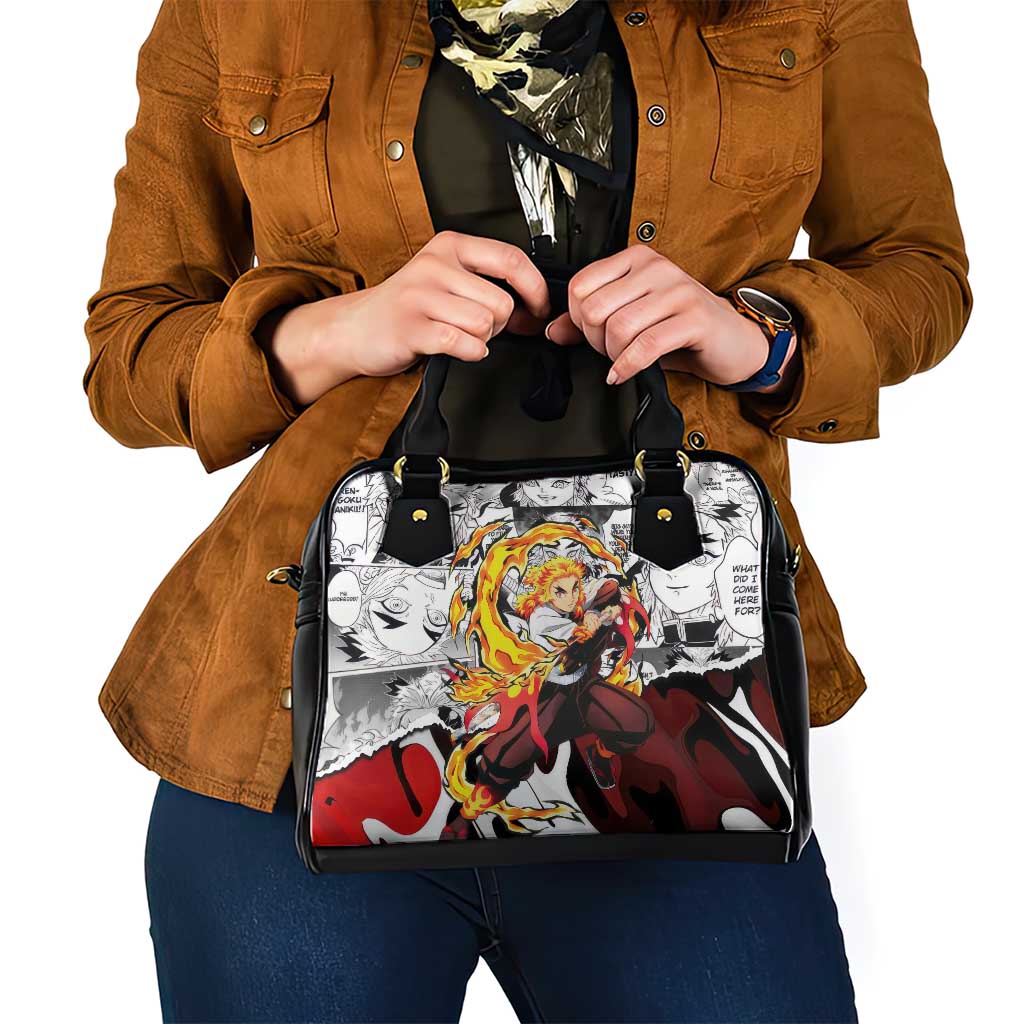 Kyojuro Rengoku Demon Slayer Flame Hashira Design Shoulder Handbag with Manga Panels and Fiery Sword Artwork - The Mazicc