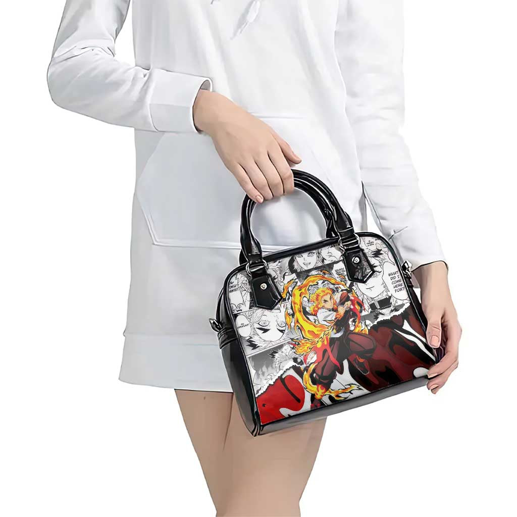Kyojuro Rengoku Demon Slayer Flame Hashira Design Shoulder Handbag with Manga Panels and Fiery Sword Artwork - The Mazicc