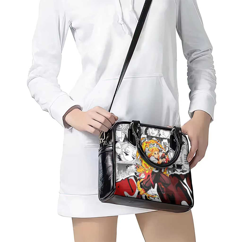 Kyojuro Rengoku Demon Slayer Flame Hashira Design Shoulder Handbag with Manga Panels and Fiery Sword Artwork - The Mazicc