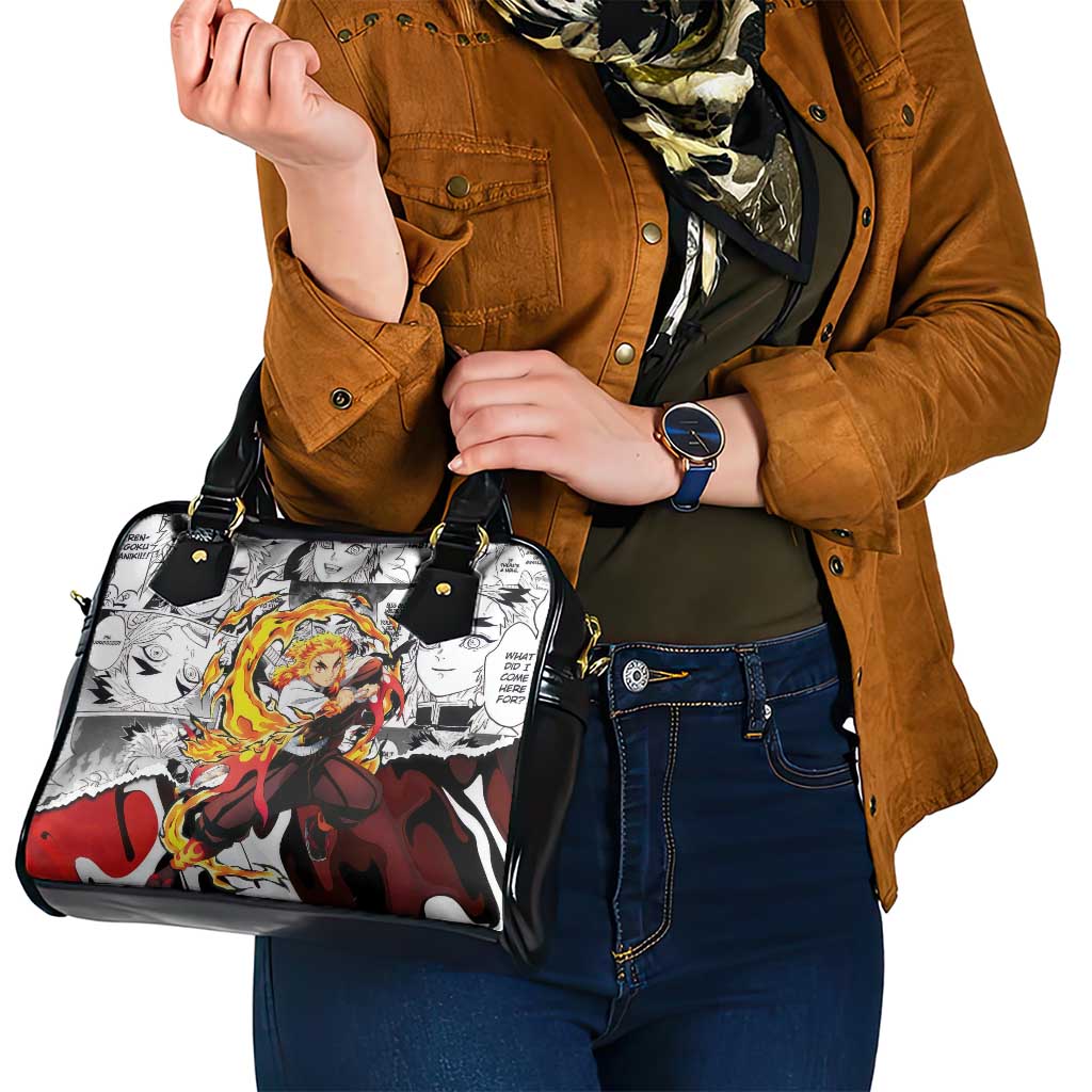 Kyojuro Rengoku Demon Slayer Flame Hashira Design Shoulder Handbag with Manga Panels and Fiery Sword Artwork - The Mazicc