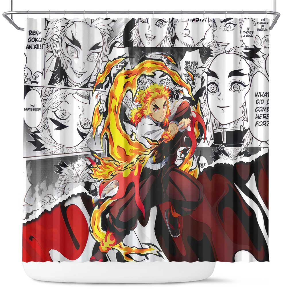 Kyojuro Rengoku Demon Slayer Flame Hashira Design Shower Curtain with Manga Panels and Fiery Sword Artwork - The Mazicc