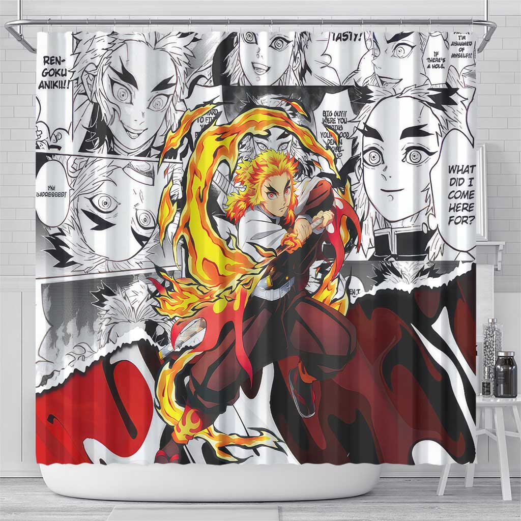 Kyojuro Rengoku Demon Slayer Flame Hashira Design Shower Curtain with Manga Panels and Fiery Sword Artwork - The Mazicc