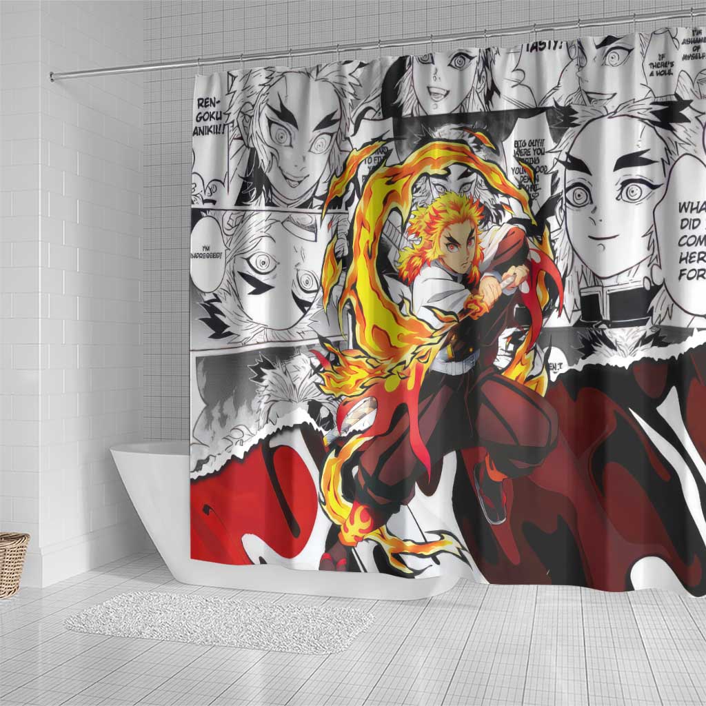 Kyojuro Rengoku Demon Slayer Flame Hashira Design Shower Curtain with Manga Panels and Fiery Sword Artwork - The Mazicc
