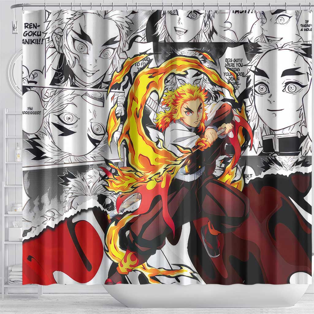 Kyojuro Rengoku Demon Slayer Flame Hashira Design Shower Curtain with Manga Panels and Fiery Sword Artwork - The Mazicc