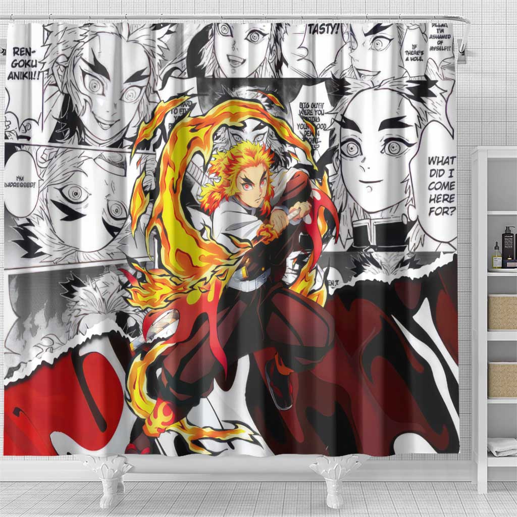 Kyojuro Rengoku Demon Slayer Flame Hashira Design Shower Curtain with Manga Panels and Fiery Sword Artwork - The Mazicc