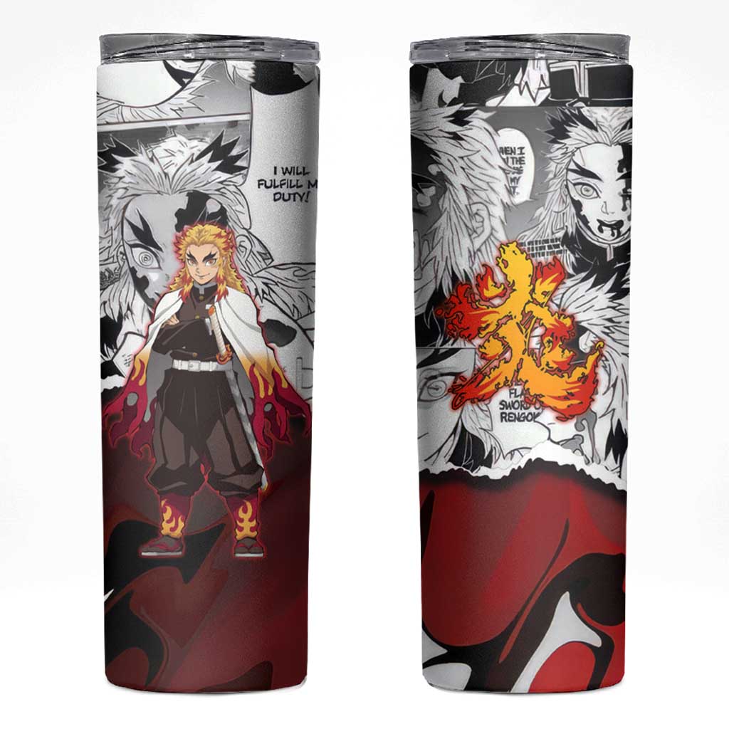 Kyojuro Rengoku Demon Slayer Flame Hashira Design Skinny Tumbler with Manga Panels and Fiery Sword Artwork - The Mazicc