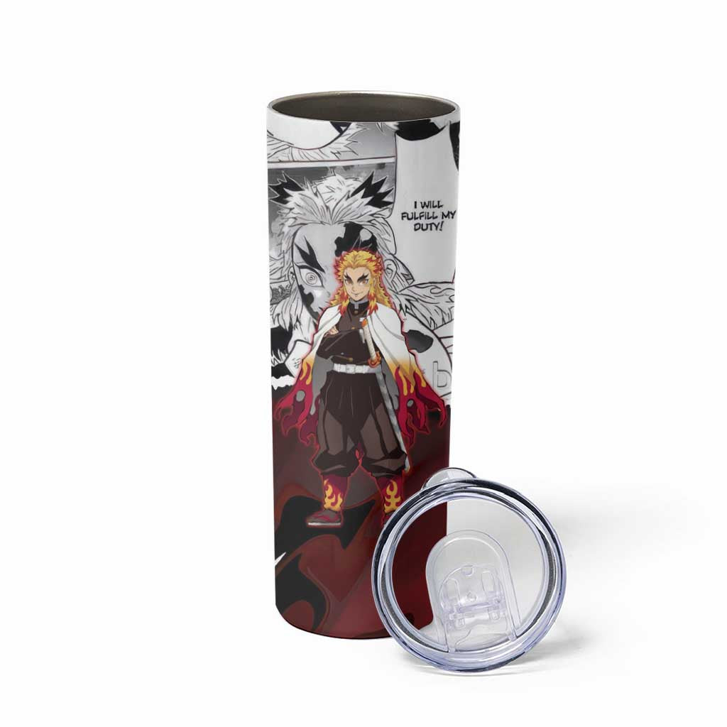 Kyojuro Rengoku Demon Slayer Flame Hashira Design Skinny Tumbler with Manga Panels and Fiery Sword Artwork - The Mazicc
