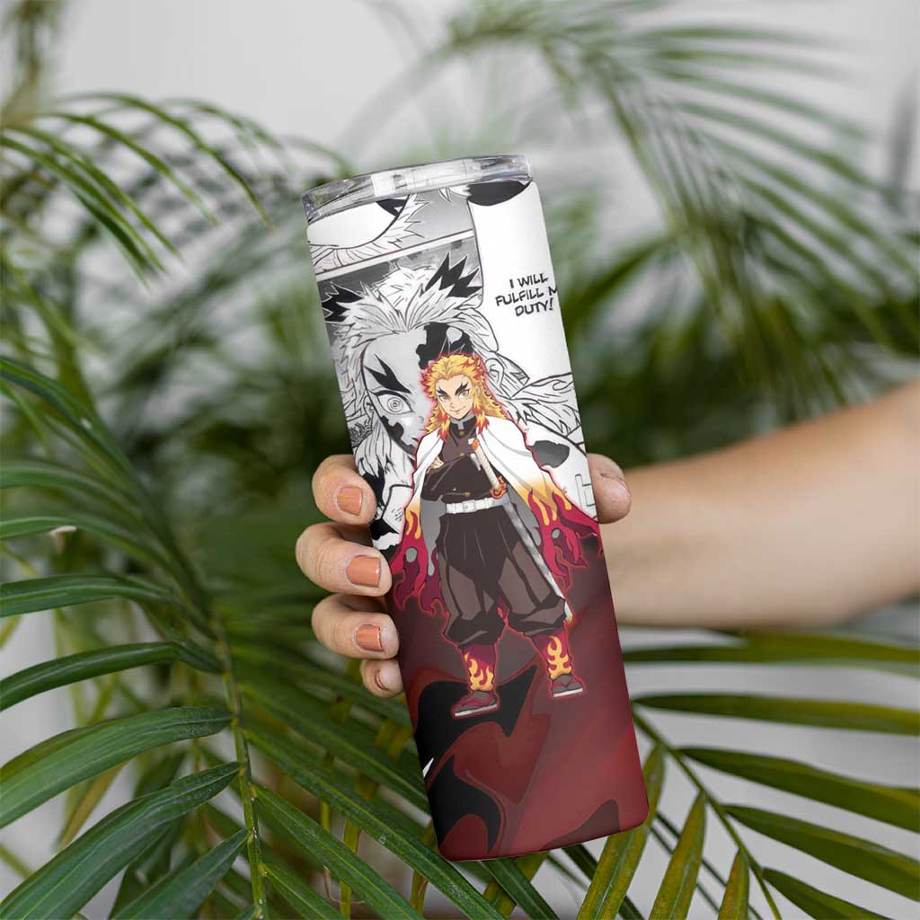 Kyojuro Rengoku Demon Slayer Flame Hashira Design Skinny Tumbler with Manga Panels and Fiery Sword Artwork - The Mazicc