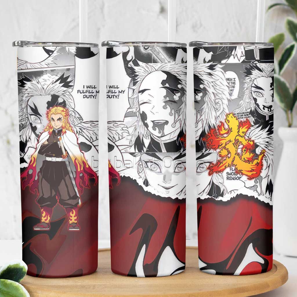 Kyojuro Rengoku Demon Slayer Flame Hashira Design Skinny Tumbler with Manga Panels and Fiery Sword Artwork - The Mazicc