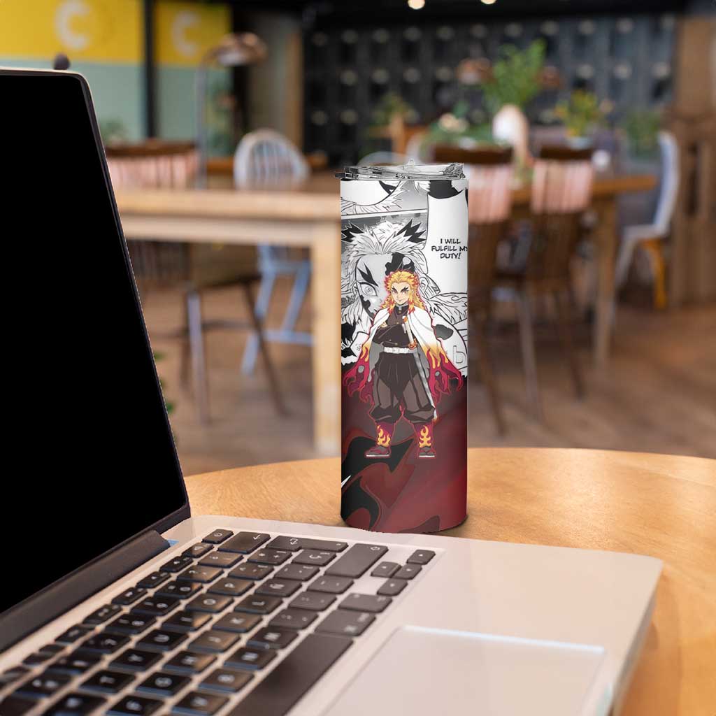 Kyojuro Rengoku Demon Slayer Flame Hashira Design Skinny Tumbler with Manga Panels and Fiery Sword Artwork - The Mazicc