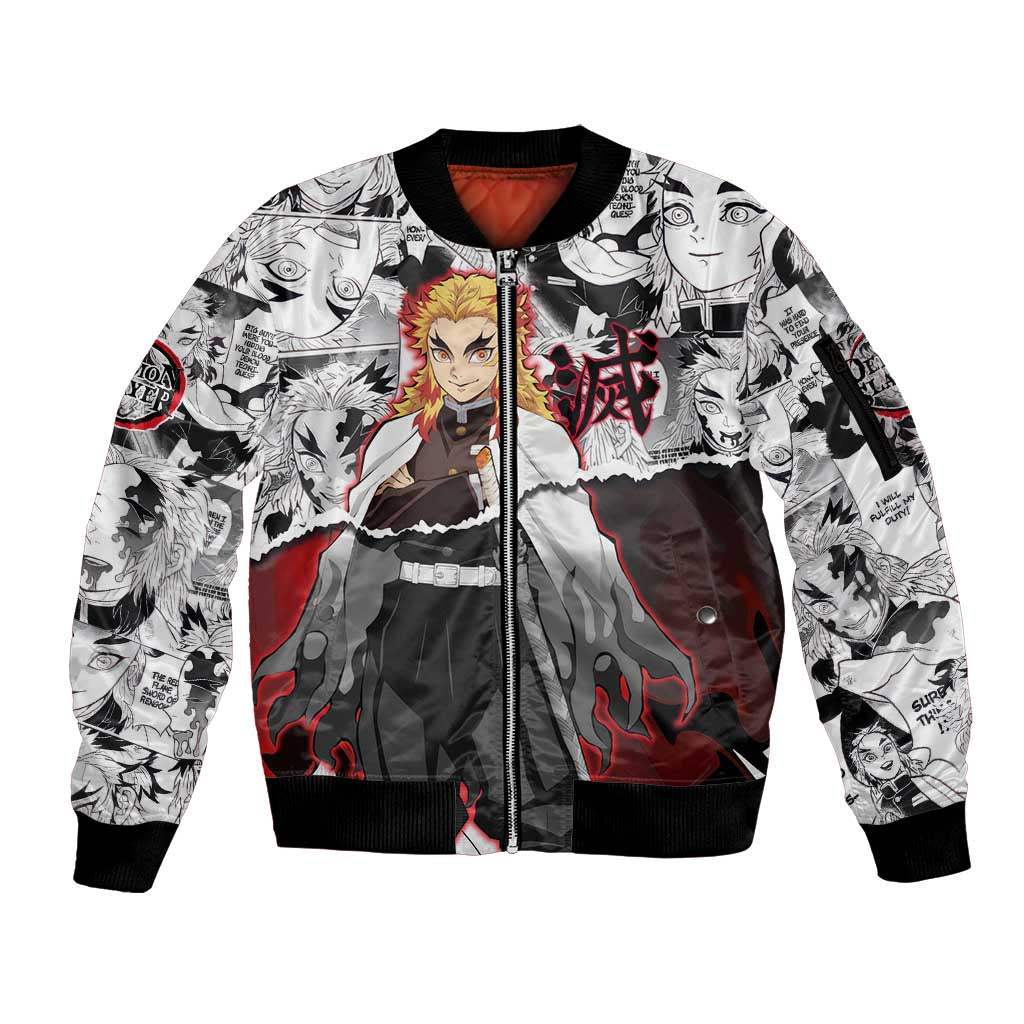 Kyojuro Rengoku Demon Slayer Flame Hashira Design Sleeve Zip Bomber Jacket with Manga Panels and Fiery Sword Artwork - The Mazicc