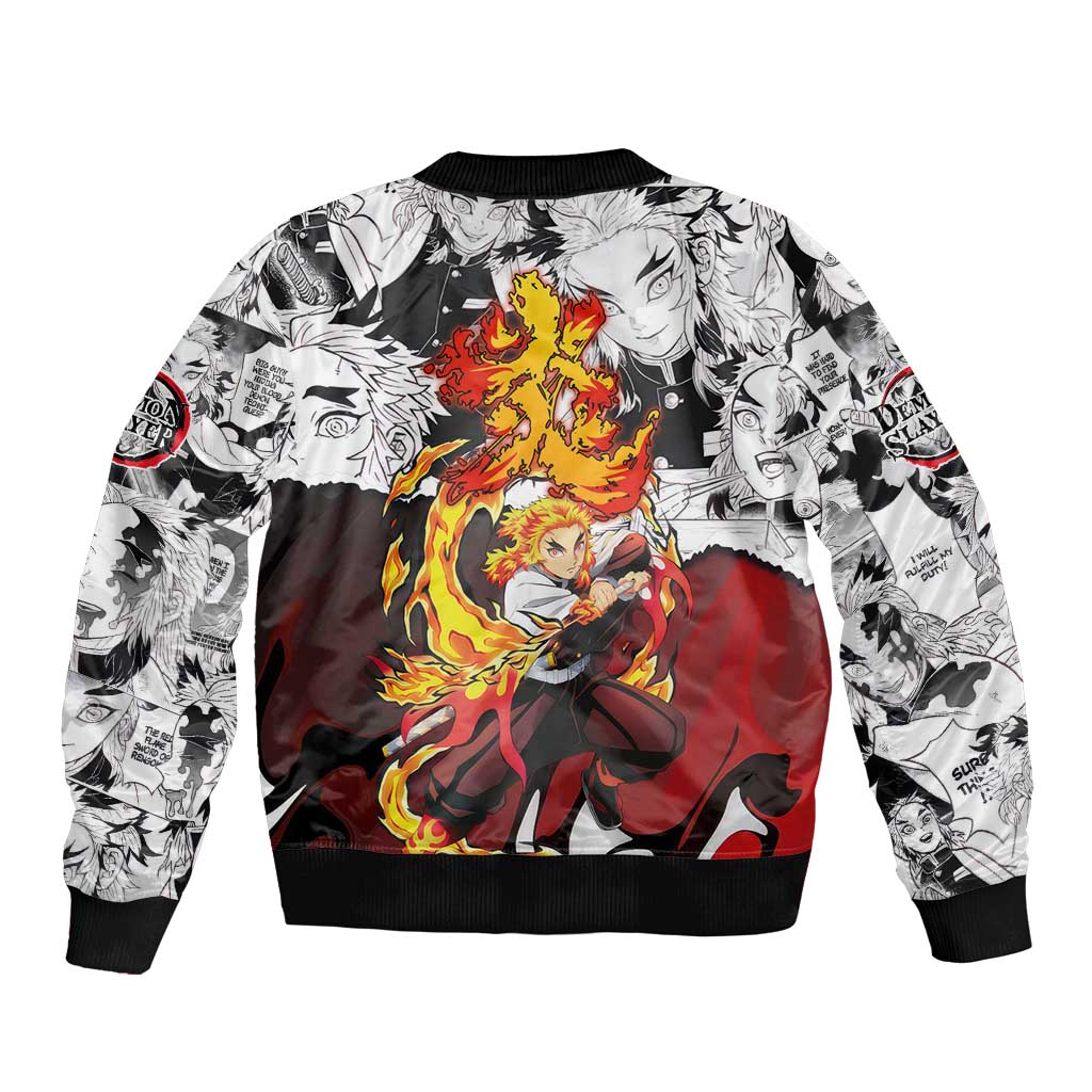 Kyojuro Rengoku Demon Slayer Flame Hashira Design Sleeve Zip Bomber Jacket with Manga Panels and Fiery Sword Artwork - The Mazicc