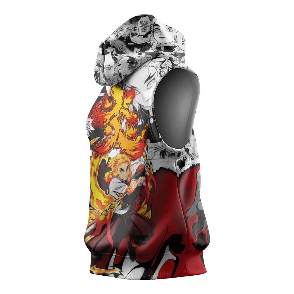 Kyojuro Rengoku Demon Slayer Flame Hashira Design Sleeveless Hoodie with Manga Panels and Fiery Sword Artwork - The Mazicc