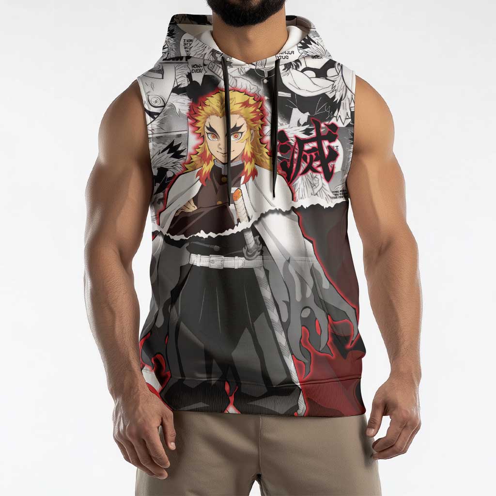 Kyojuro Rengoku Demon Slayer Flame Hashira Design Sleeveless Hoodie with Manga Panels and Fiery Sword Artwork - The Mazicc