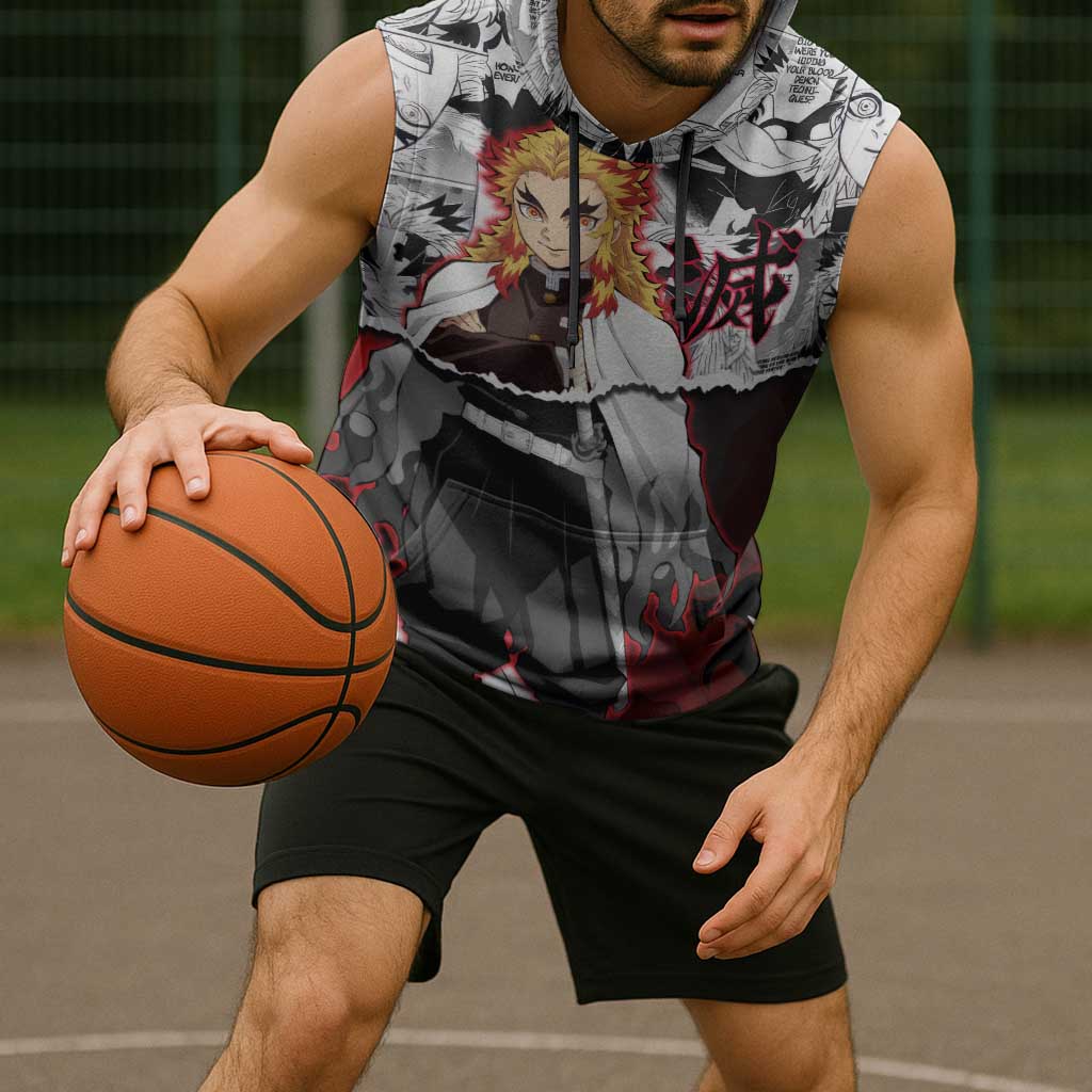 Kyojuro Rengoku Demon Slayer Flame Hashira Design Sleeveless Hoodie with Manga Panels and Fiery Sword Artwork - The Mazicc