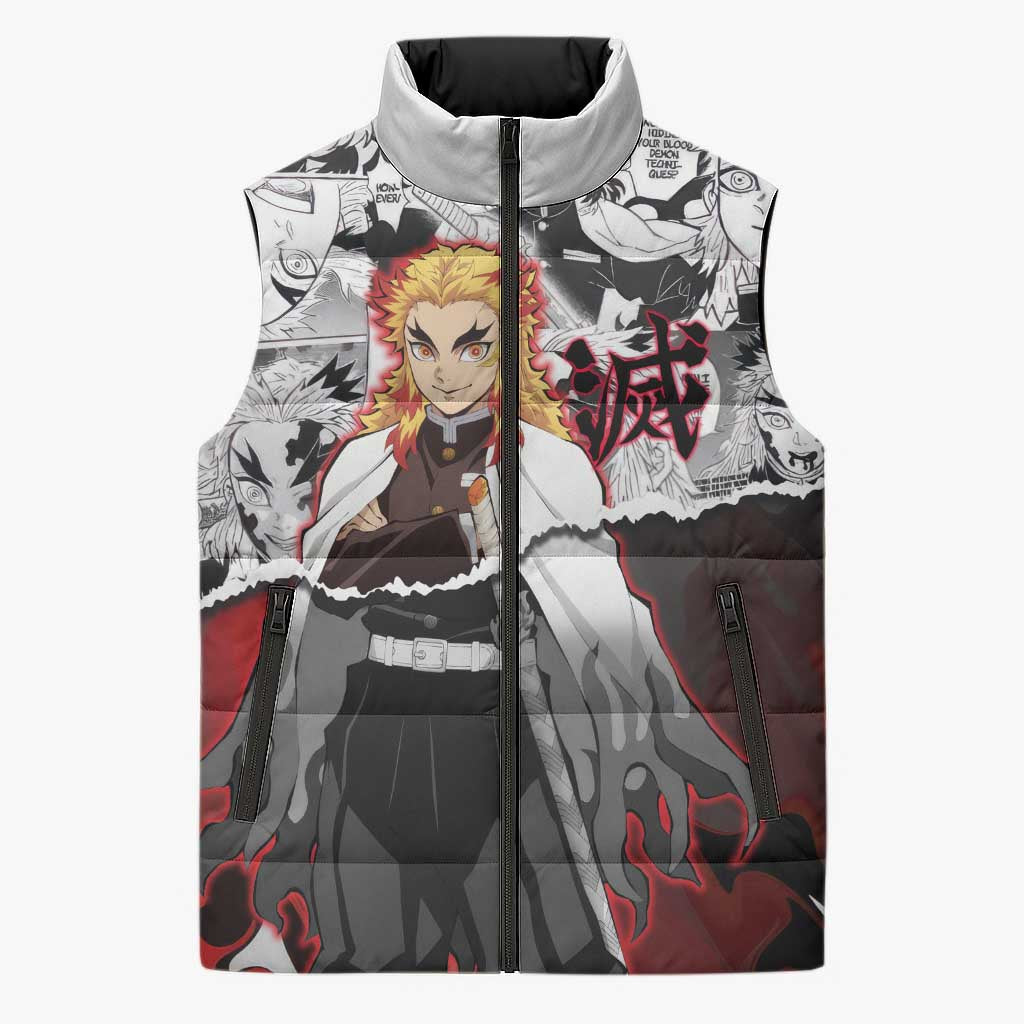 Kyojuro Rengoku Demon Slayer Flame Hashira Design Sleeveless Puffer Jacket with Manga Panels and Fiery Sword Artwork - The Mazicc