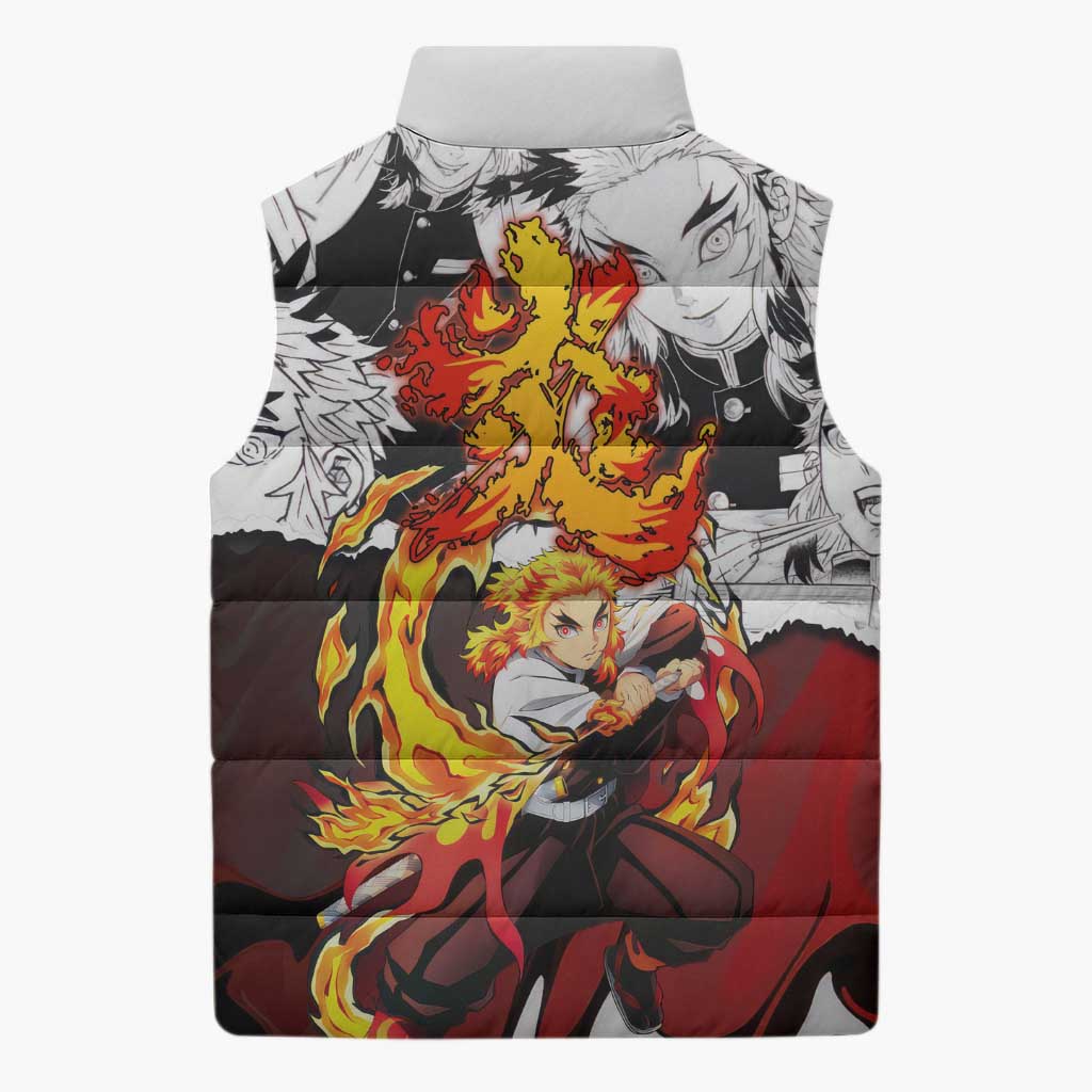 Kyojuro Rengoku Demon Slayer Flame Hashira Design Sleeveless Puffer Jacket with Manga Panels and Fiery Sword Artwork - The Mazicc