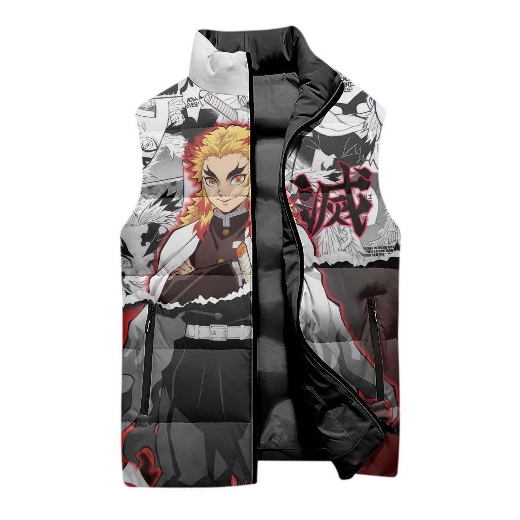 Kyojuro Rengoku Demon Slayer Flame Hashira Design Sleeveless Puffer Jacket with Manga Panels and Fiery Sword Artwork - The Mazicc