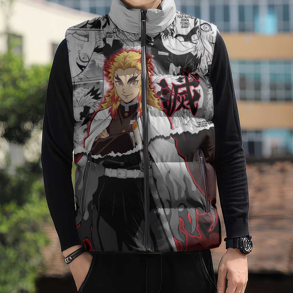 Kyojuro Rengoku Demon Slayer Flame Hashira Design Sleeveless Puffer Jacket with Manga Panels and Fiery Sword Artwork - The Mazicc