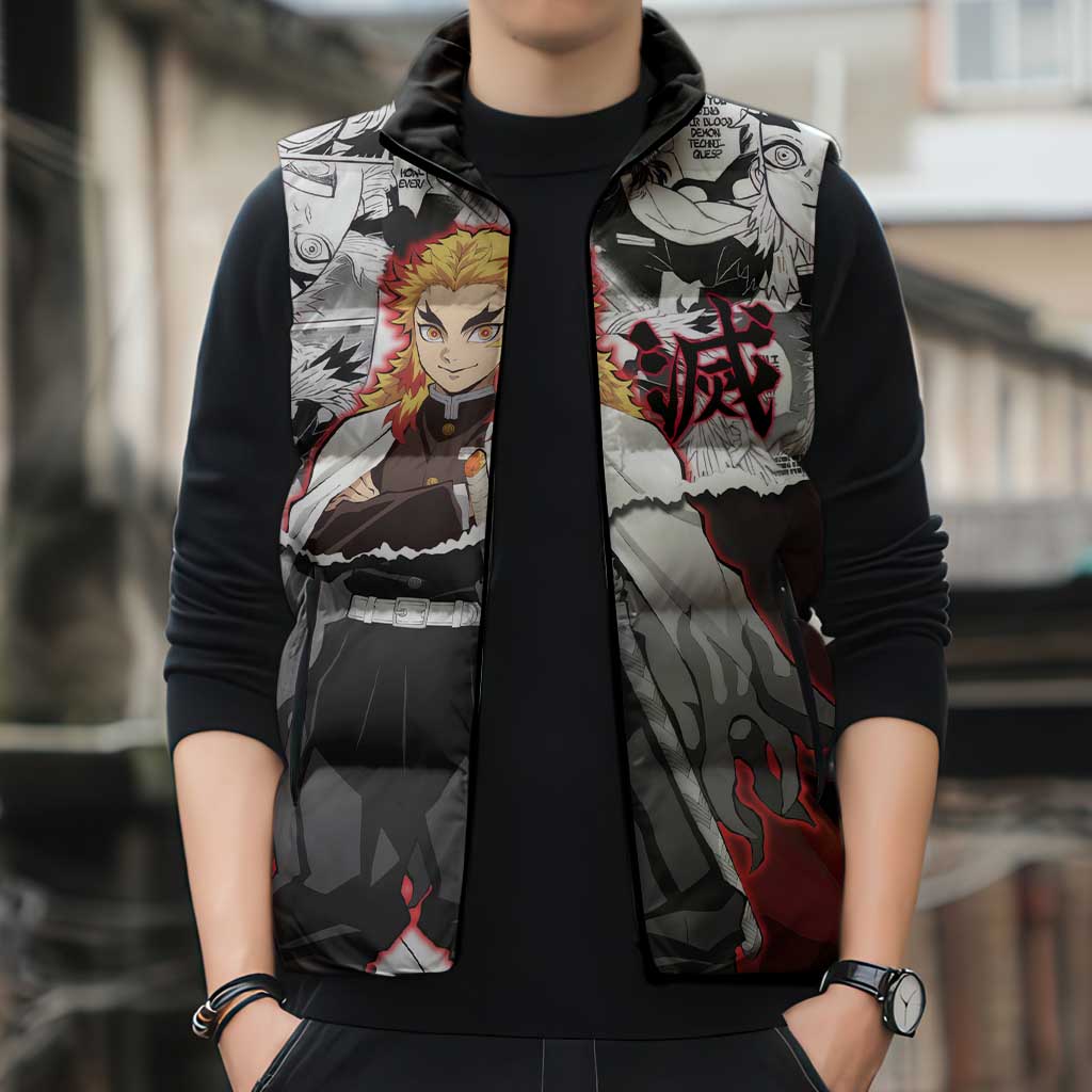 Kyojuro Rengoku Demon Slayer Flame Hashira Design Sleeveless Puffer Jacket with Manga Panels and Fiery Sword Artwork - The Mazicc