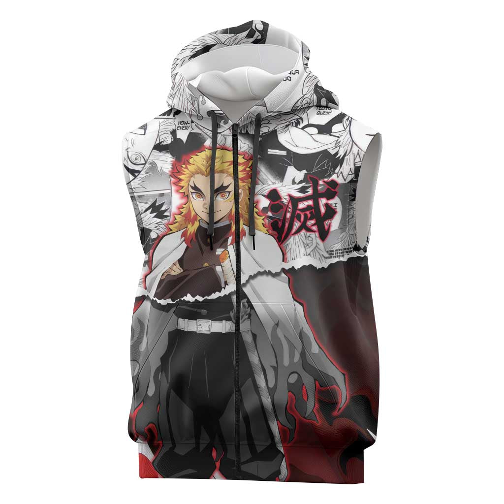 Kyojuro Rengoku Demon Slayer Flame Hashira Design Sleeveless Zip Hoodie with Manga Panels and Fiery Sword Artwork - The Mazicc