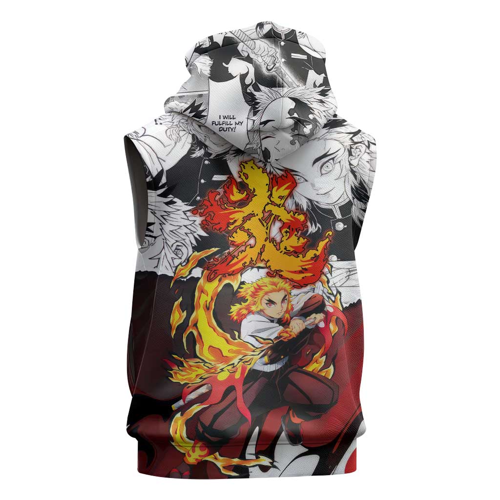 Kyojuro Rengoku Demon Slayer Flame Hashira Design Sleeveless Zip Hoodie with Manga Panels and Fiery Sword Artwork - The Mazicc