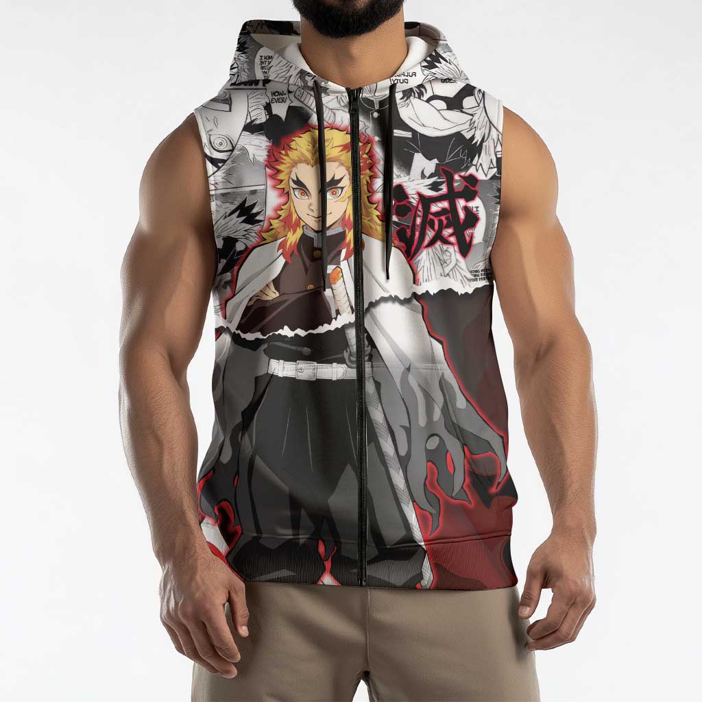 Kyojuro Rengoku Demon Slayer Flame Hashira Design Sleeveless Zip Hoodie with Manga Panels and Fiery Sword Artwork - The Mazicc