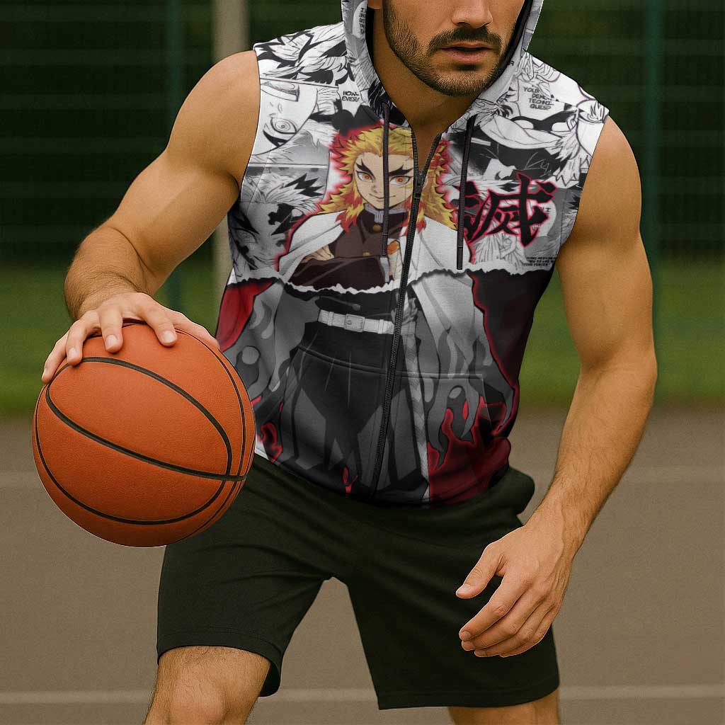 Kyojuro Rengoku Demon Slayer Flame Hashira Design Sleeveless Zip Hoodie with Manga Panels and Fiery Sword Artwork - The Mazicc