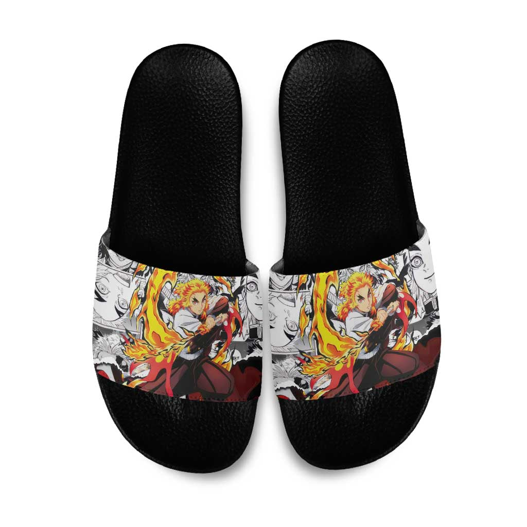 Kyojuro Rengoku Demon Slayer Flame Hashira Design Slide Sandals with Manga Panels and Fiery Sword Artwork - The Mazicc