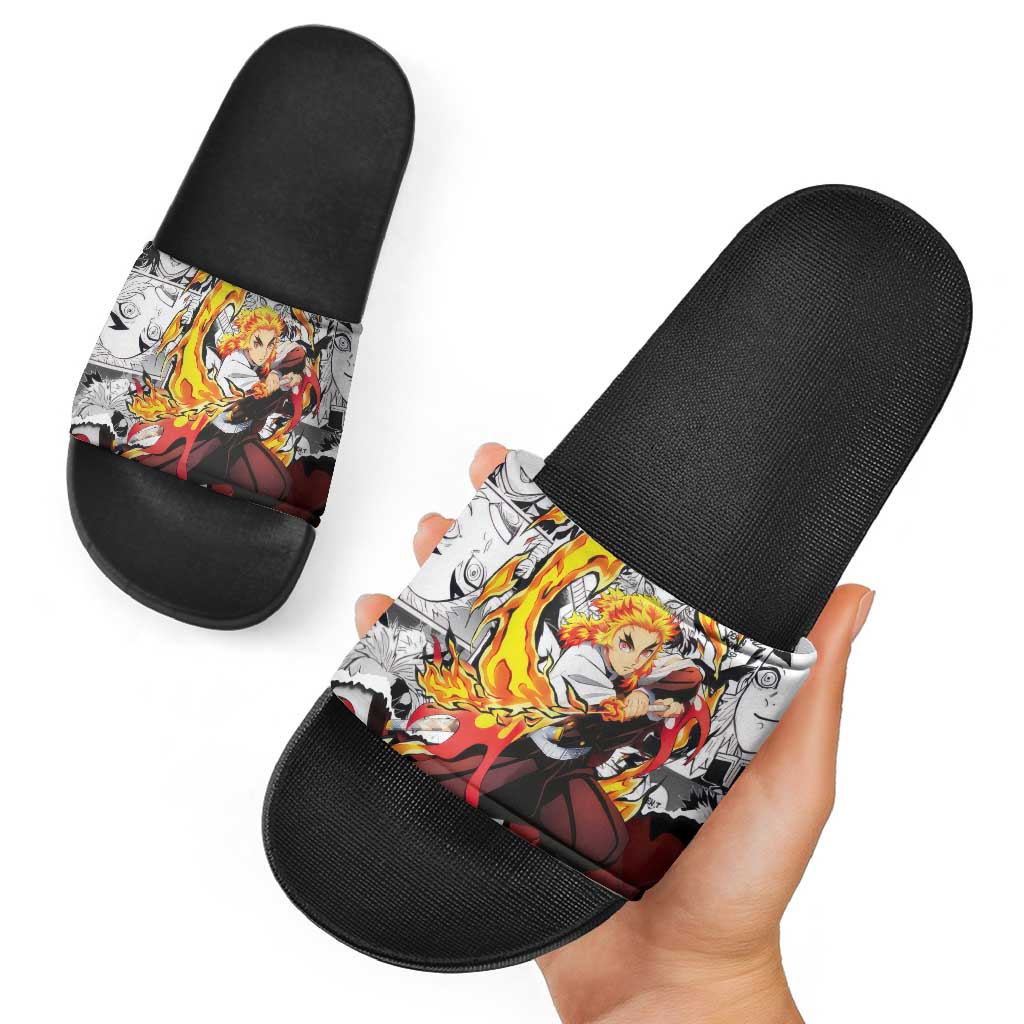 Kyojuro Rengoku Demon Slayer Flame Hashira Design Slide Sandals with Manga Panels and Fiery Sword Artwork - The Mazicc