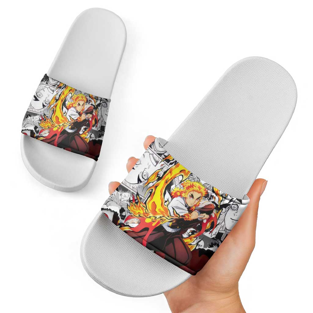 Kyojuro Rengoku Demon Slayer Flame Hashira Design Slide Sandals with Manga Panels and Fiery Sword Artwork - The Mazicc
