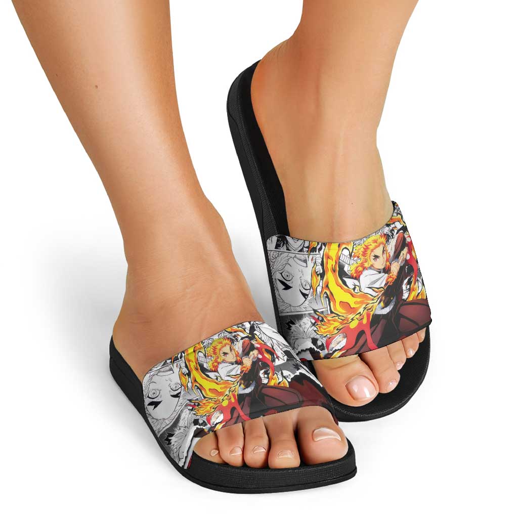 Kyojuro Rengoku Demon Slayer Flame Hashira Design Slide Sandals with Manga Panels and Fiery Sword Artwork - The Mazicc
