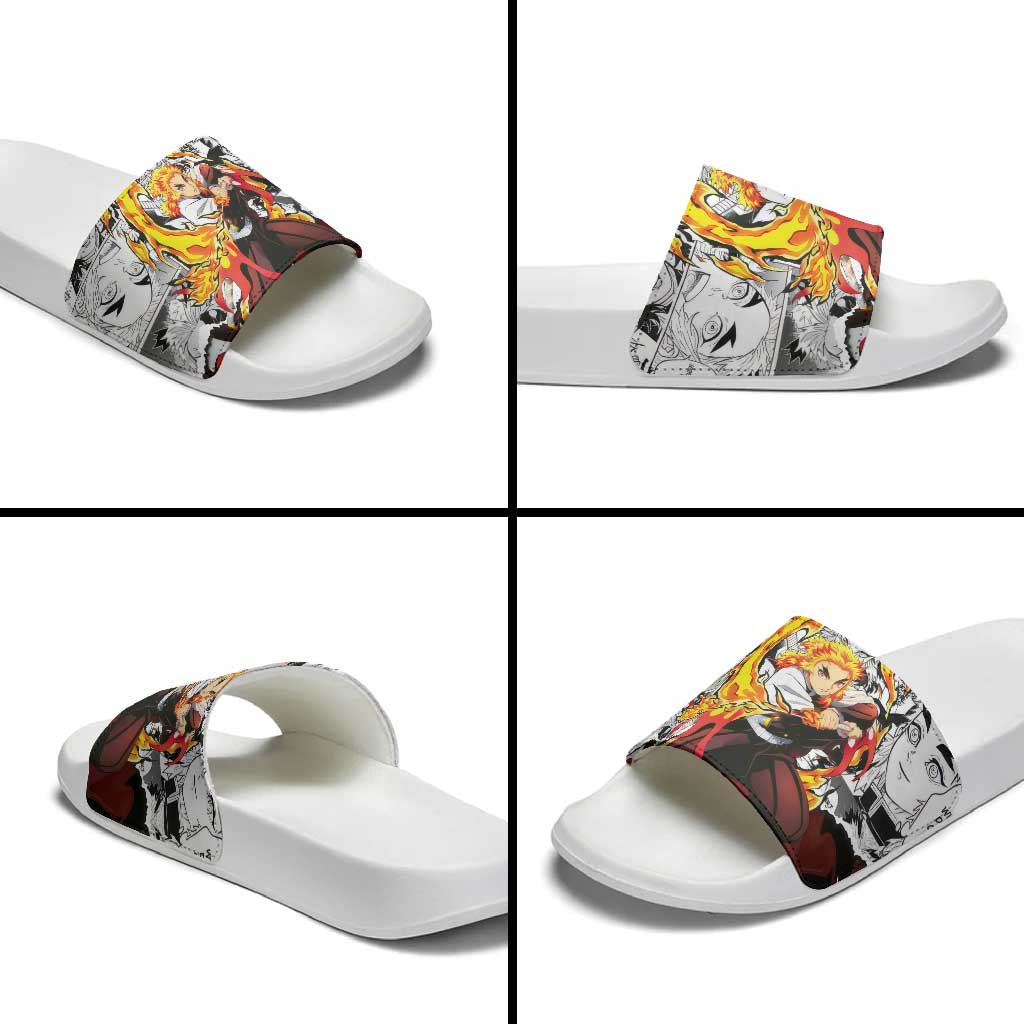 Kyojuro Rengoku Demon Slayer Flame Hashira Design Slide Sandals with Manga Panels and Fiery Sword Artwork - The Mazicc