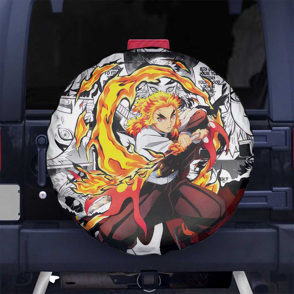 Kyojuro Rengoku Demon Slayer Flame Hashira Design Spare Tire Cover with Manga Panels and Fiery Sword Artwork - The Mazicc