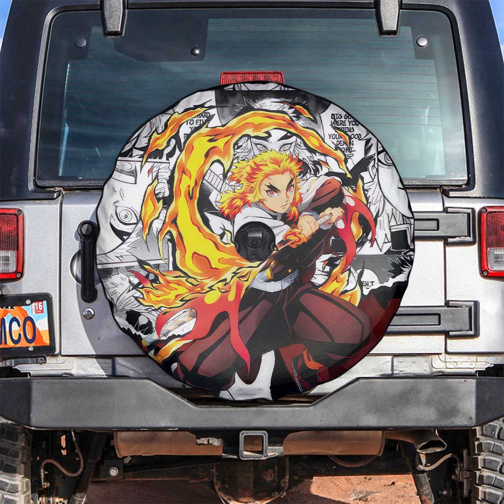 Kyojuro Rengoku Demon Slayer Flame Hashira Design Spare Tire Cover with Manga Panels and Fiery Sword Artwork - The Mazicc