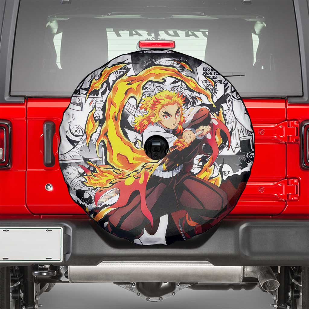 Kyojuro Rengoku Demon Slayer Flame Hashira Design Spare Tire Cover with Manga Panels and Fiery Sword Artwork - The Mazicc