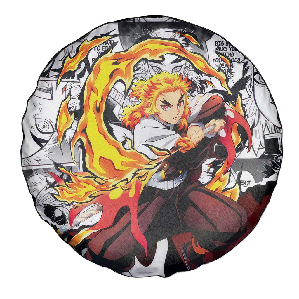 Kyojuro Rengoku Demon Slayer Flame Hashira Design Spare Tire Cover with Manga Panels and Fiery Sword Artwork - The Mazicc