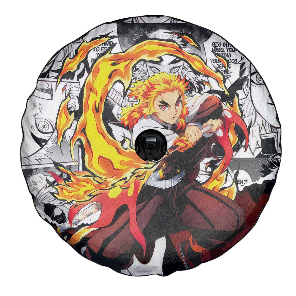 Kyojuro Rengoku Demon Slayer Flame Hashira Design Spare Tire Cover with Manga Panels and Fiery Sword Artwork - The Mazicc