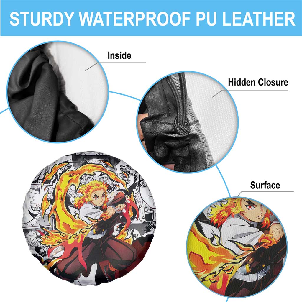 Kyojuro Rengoku Demon Slayer Flame Hashira Design Spare Tire Cover with Manga Panels and Fiery Sword Artwork - The Mazicc